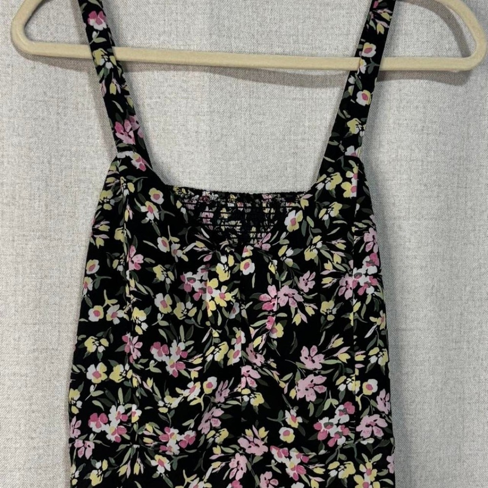 Bar II black floral tank top with pink, yellow, and white flowers, size L